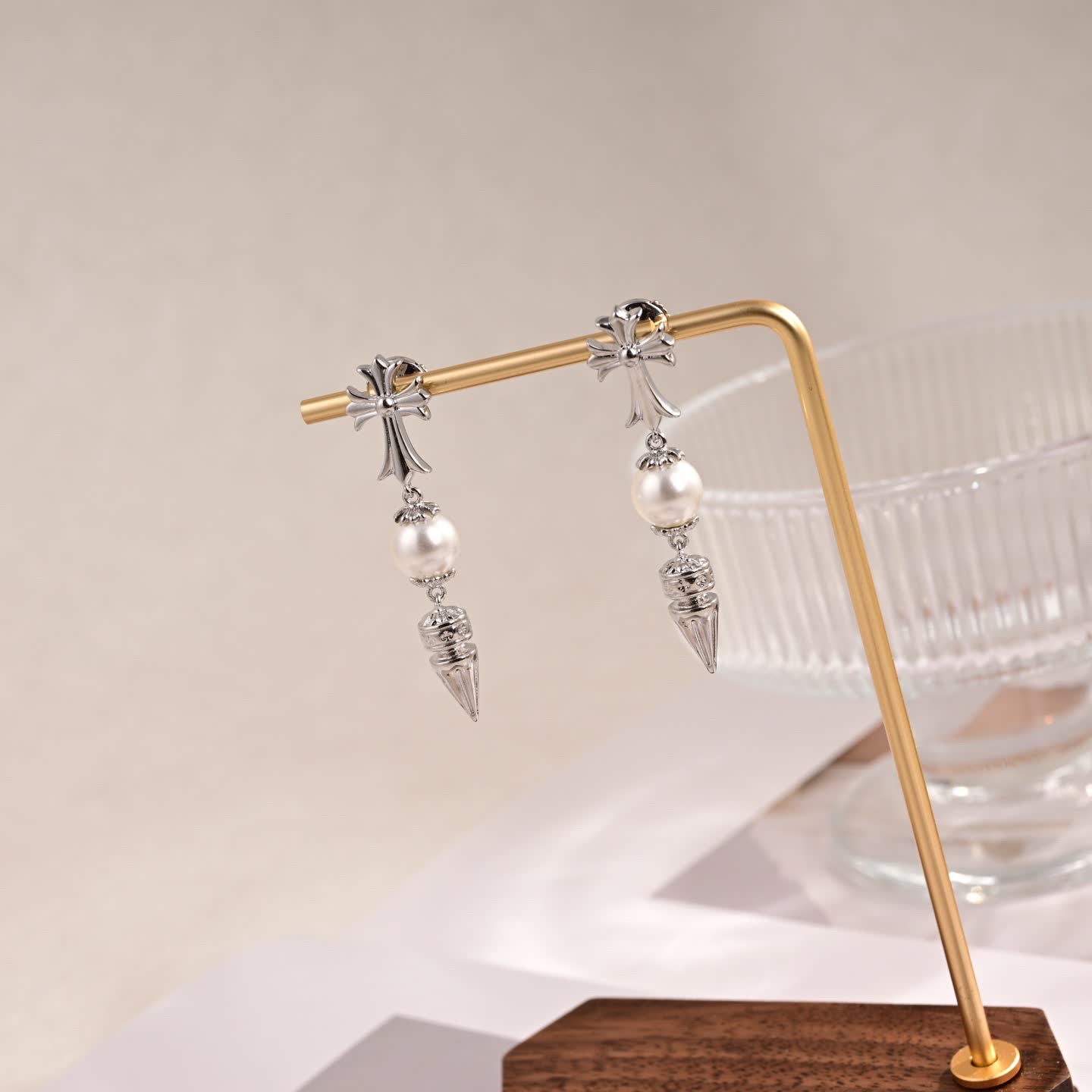 Chrome Hearts Silver Cross Pearl Drop Earrings